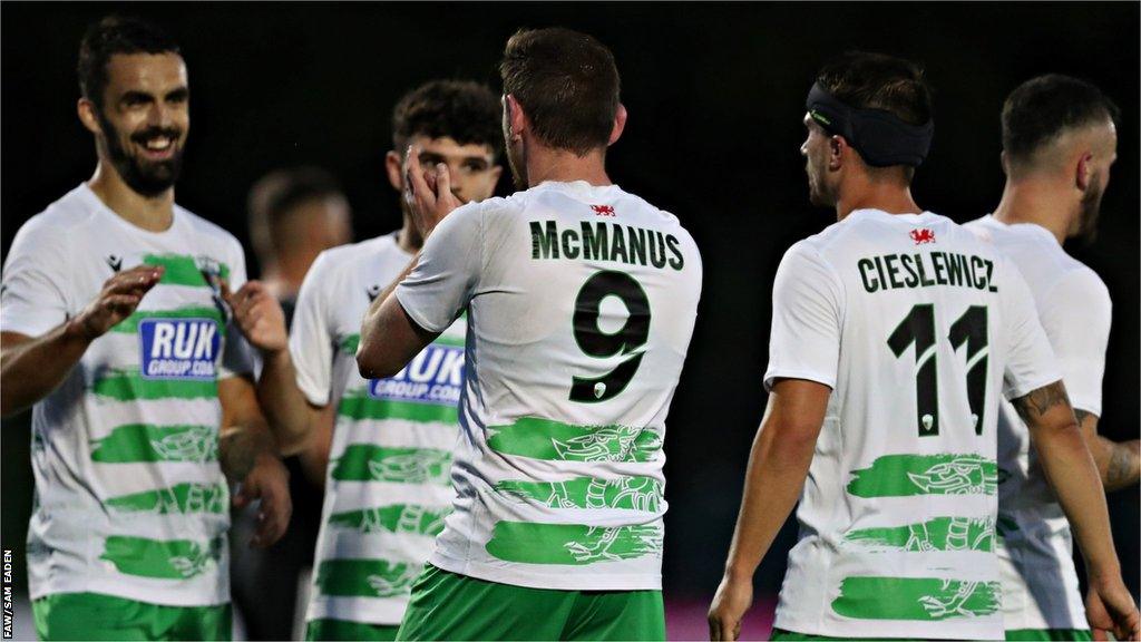 New Saints players celebrate their fourth goal against Connah's Quay