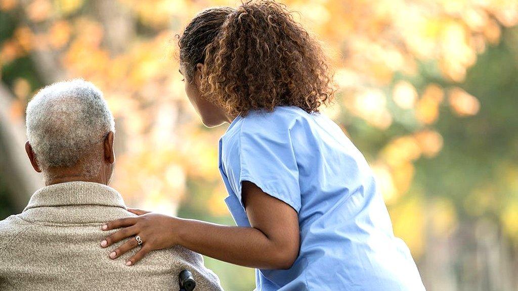 Carer pushing wheelchair