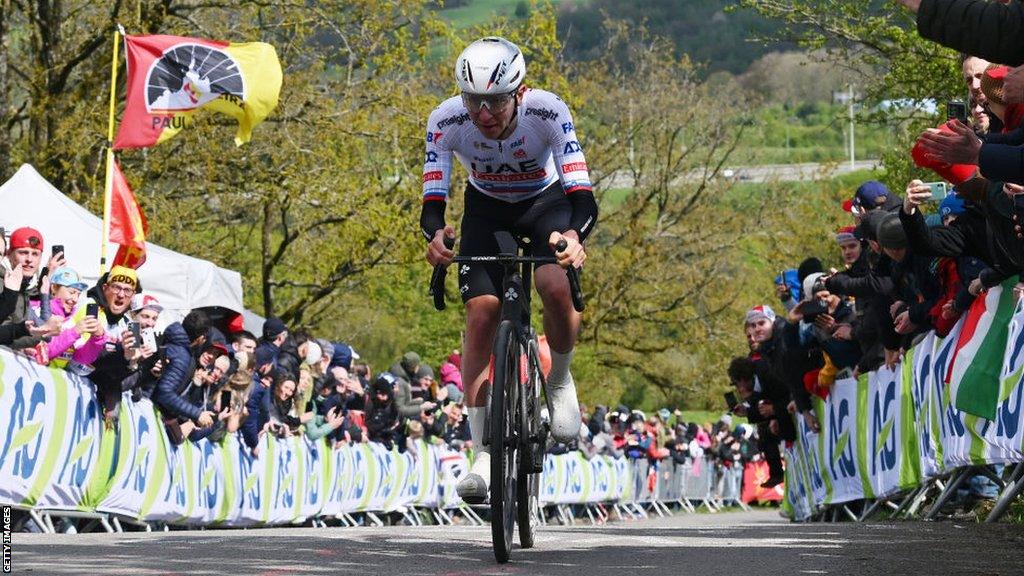 Tadej Pogacar of Slovenia and UAE Team Emirates attacks in the Côte de La Redoute during the 110th Liege - Bastogne - Liege 2024