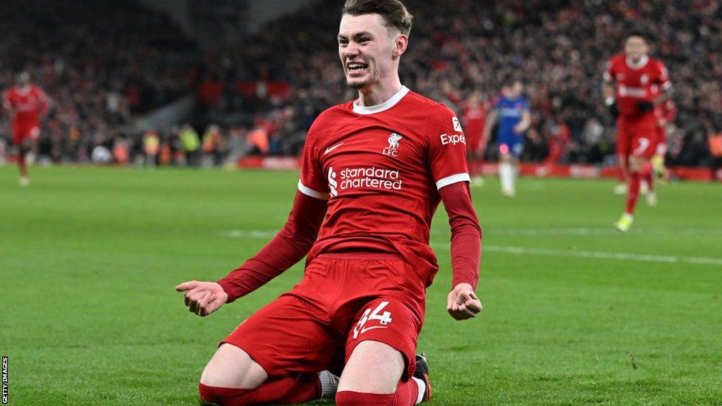 Conor Bradley celebrates scoring against Chelsea