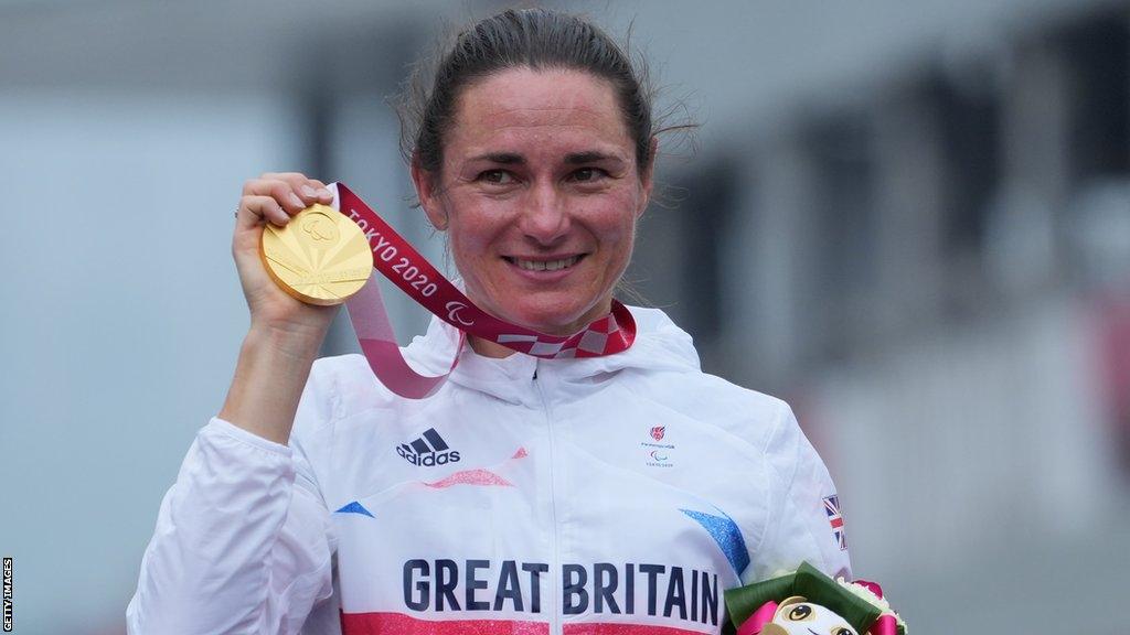 Sarah Storey celebrates one of her Tokyo gold medals