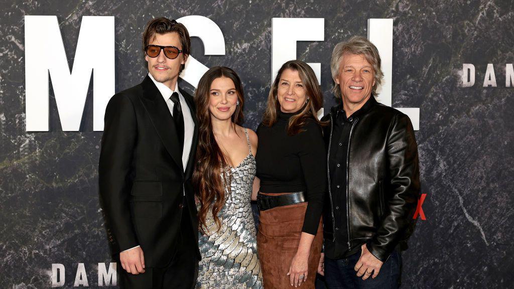 Jake Bongiovi, Millie Bobby Brown, Dorothea Hurley, and Jon Bon Jovi attend the Damsel world premiere