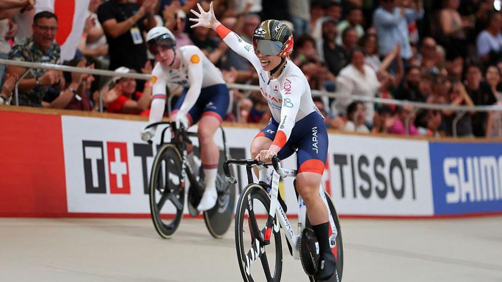 Japan's #116 Mina Sato (R) celebrates