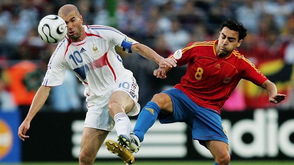 Zinedine Zidane battles with Xavi for the ball at the 2006 World Cup