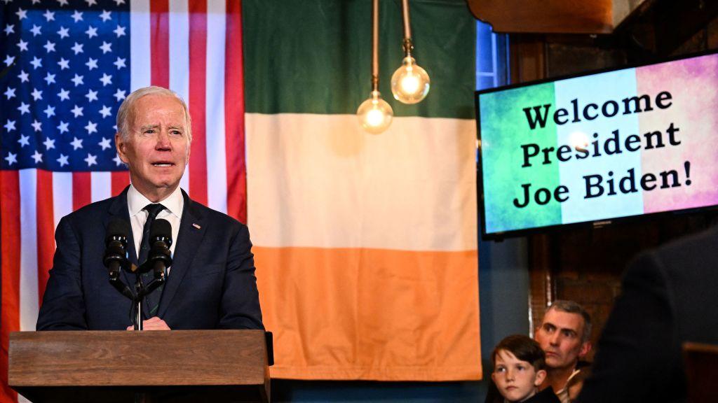 Joe Biden gives a speech in a pub in Dundalk