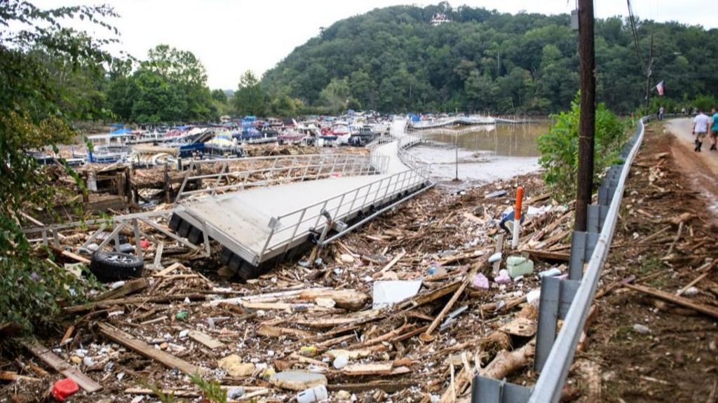 Debris is seen in the Rocky Broad River in Chimney Rock, North Carolina 