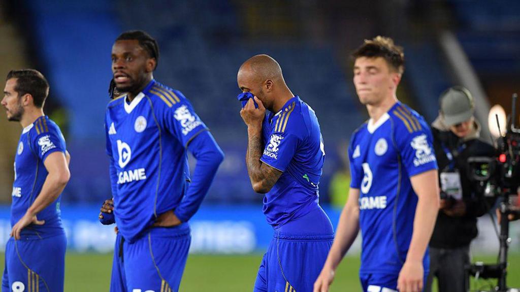Leicester City players after being relegated to League One