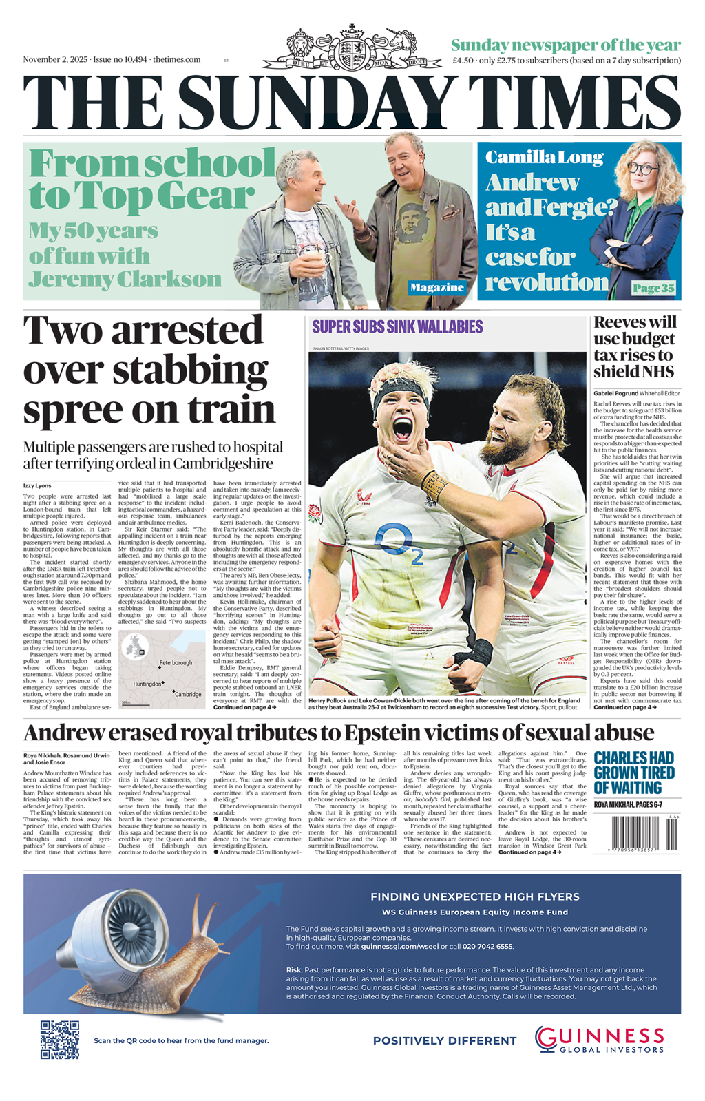 "Two arrested over stabbing spree on train," reads the headline on the front page of the Sunday Times