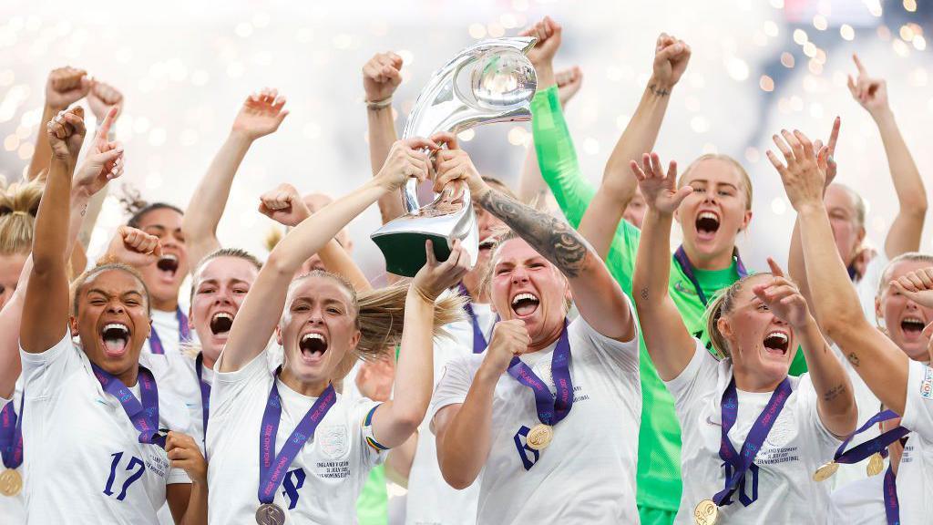 Millie Bright holding the Euro trophy and celebrating with her teammates.