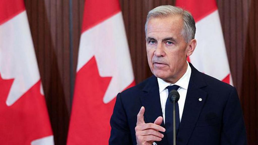 Canadian Prime Minister Mark Carney, wearing a dark suit and tie, stands in front of a row of Canadian flags