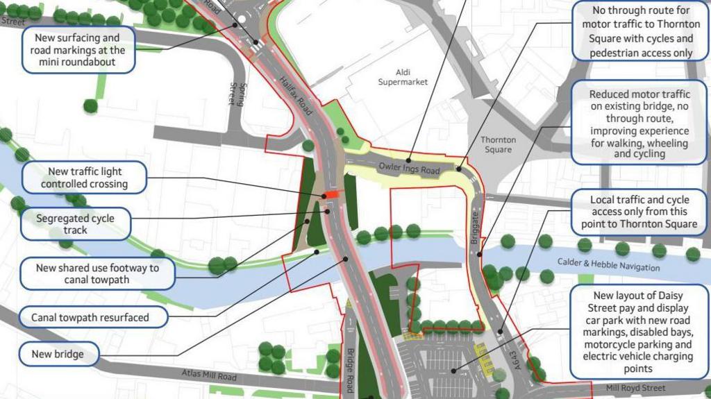 A graphic shows an aerial view of the proposed new bridge