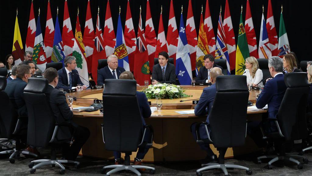 Justin Trudeau, Canada's prime minister, center, delivers his opening remarks at the First Ministers' Meeting in Ottawa, Ontario, Canada, on Wednesday, Jan. 15, 2025. Liberals will decide on a new leader by March 9, which gives the winner of the contest about two weeks before Parliament returns. 