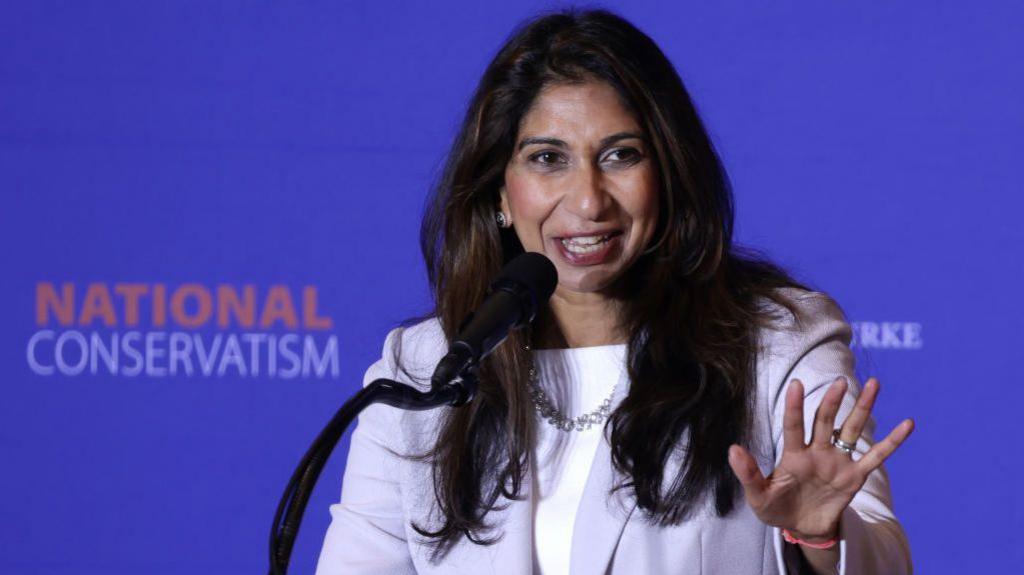 Suella Braverman speaking at a National Conservatism conference in Washington in July