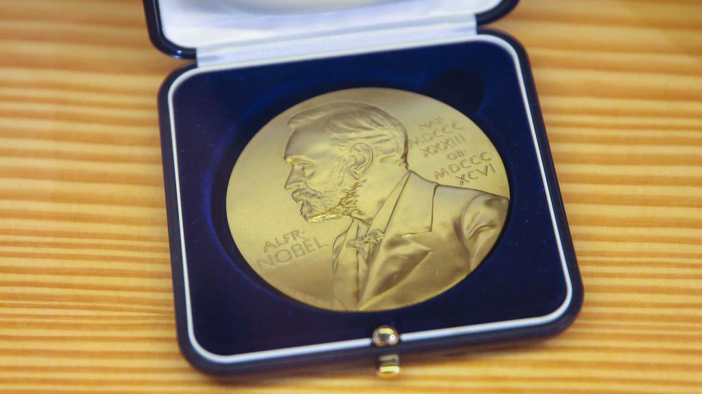 a golden nobel prize medal in a box.