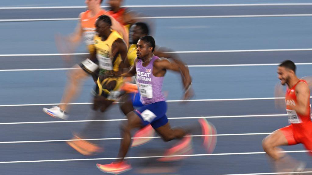 Britain's Jeremiah Azu competes in the men's 60m semi-final during the Indoor World Athletics Championships in Nanjing, in eastern China's Jiangsu province, on March 21, 2025.