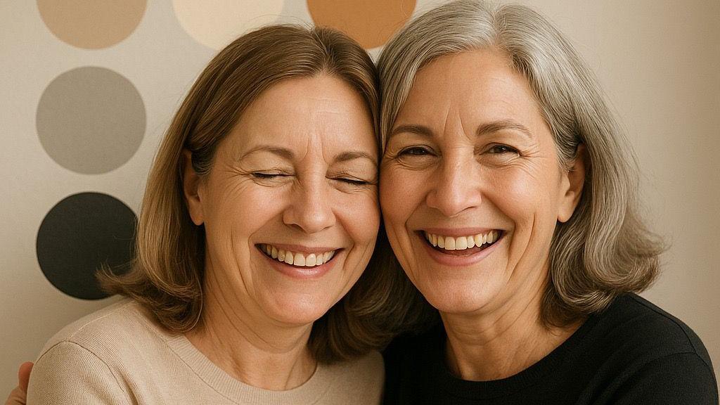 Two women are standing next to each other and smiling, in an AI-generated shot. They are wearing beige and black tops and have their heads pressed against each other. 