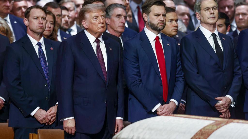 US President Donald J. Trump (L), US Vice President JD Vance (2-L), US Treasury Secretary Scott Bessent (3-L) and Cabinet secretaries and Trump family members attend the funeral services for the late US Senator Lindsey Graham from South Carolina 