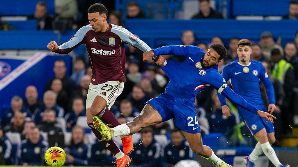 Morgan Rogers of Aston Villa and Reece James of Chelsea battle for the ball
