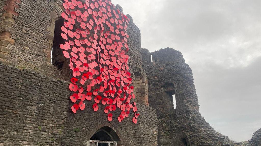 Ruins of a castle with a large decorative wall of poppies cascading down the front 