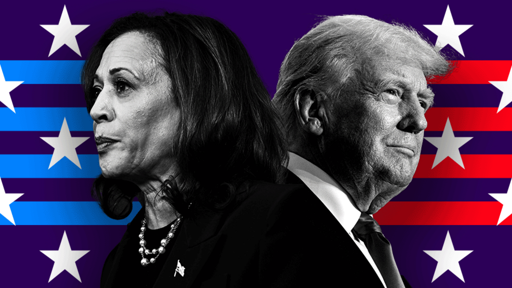 Kamala Harris and Donald Trump stand back to back, in front of a background of stars and stripes, in a BBC designed composite image