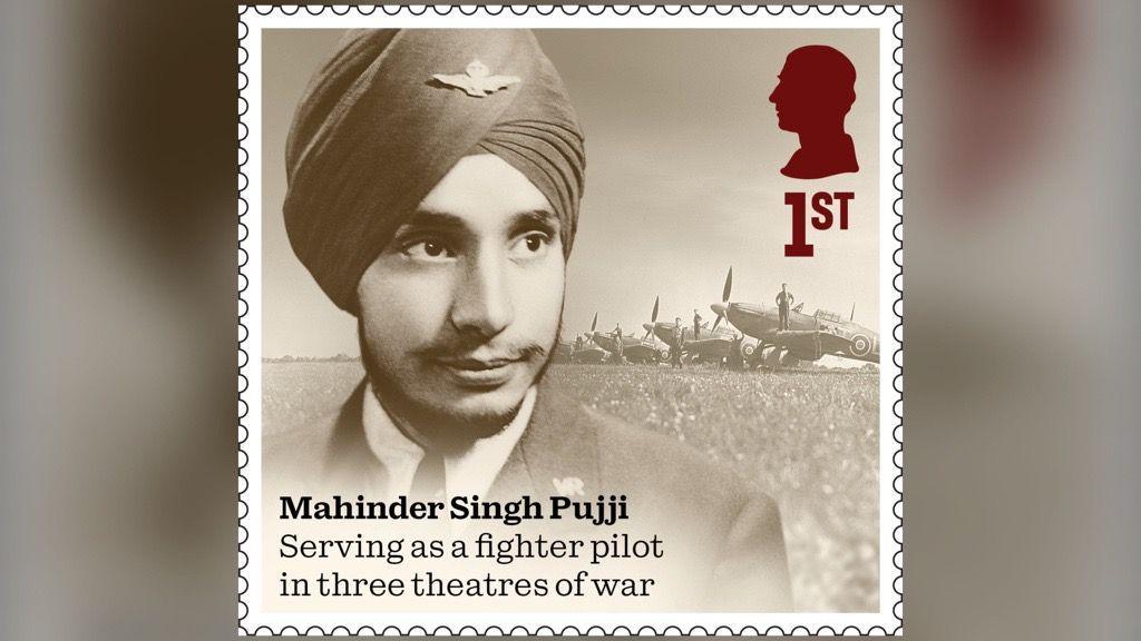 A first class stamp bearing an image of a man in a turban, with a row of World War Two planes in the background. The sepia-tone stamp is labelled 'Mahinder Singh Pujji, Serving as a fighter pilot in three theatres of war'.