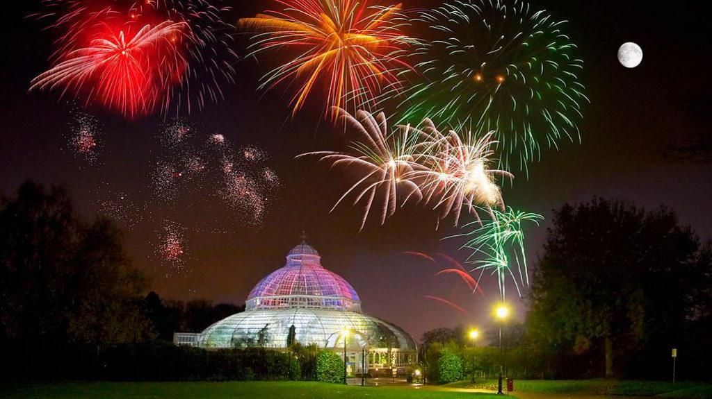 Glass-framed, dome-shaped Palm House building with brightly coloured fireworks in the night sky above and an almost full Moon 