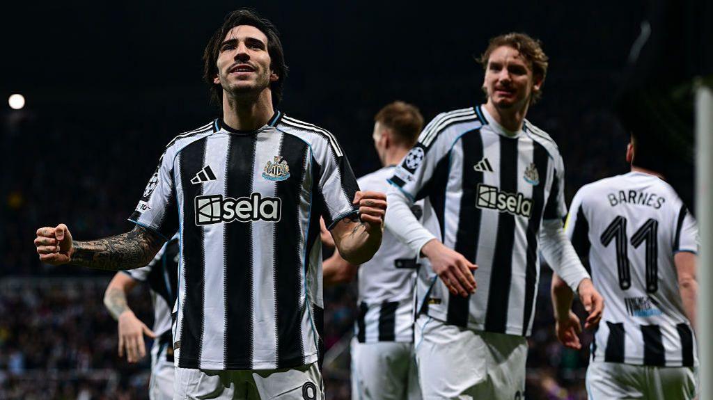 Sandro Tonali celebrates after scoring for Newcastle United against Qarabag at St James' Park on 24 February, 2026