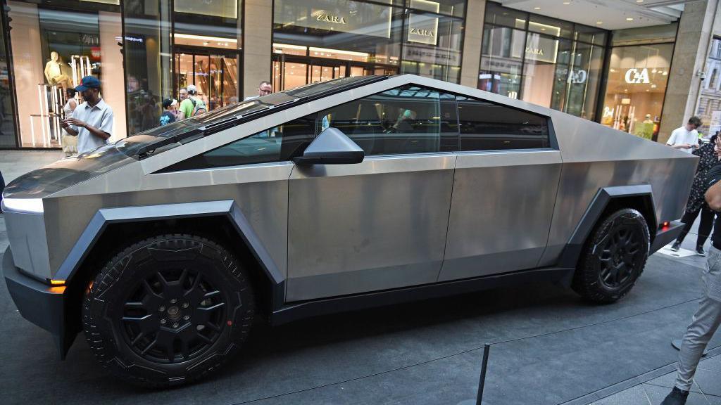 A Tesla Cybertruck Odyssey is displayed at Mall of Berlin on May 2, 2024 in Germany.