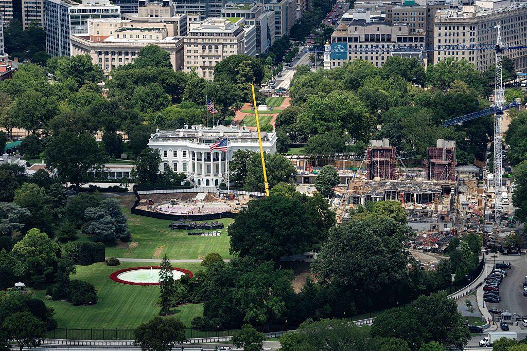 The White House helipad and new ballroom extension under construction in Washington DC on 5 August 2026