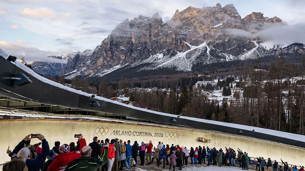 Dajana Eitberger and Magdalena Matschina of Team Germany competes in the Luge Women's Doubles Run 1 on day five of the Milano Cortina 