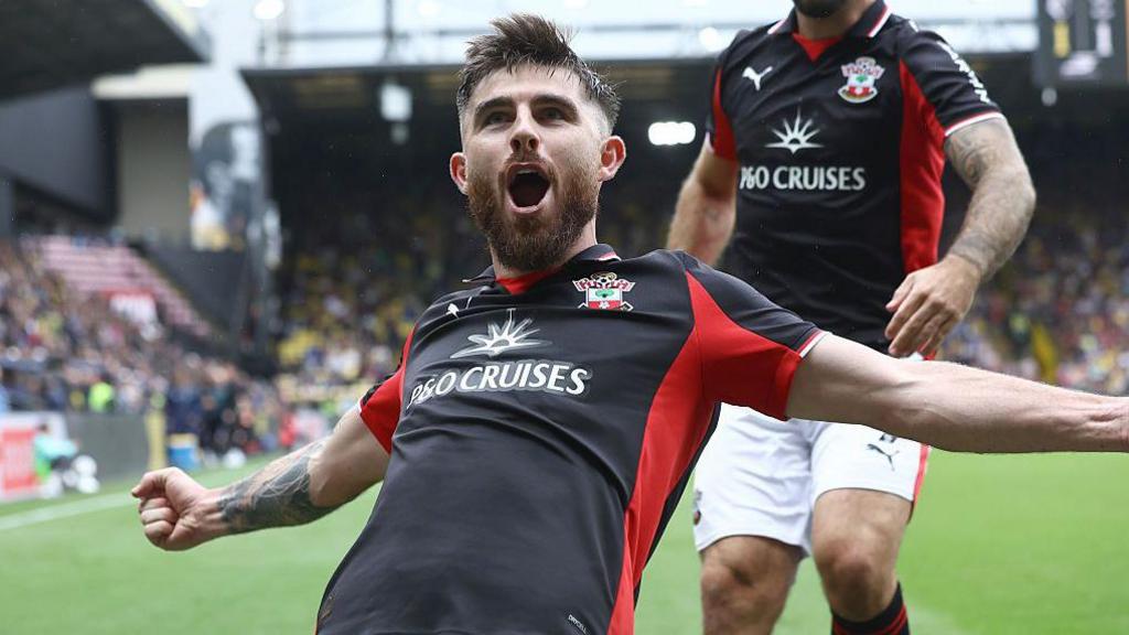 Ryan Manning celebrates after scoring a free-kick for Southampton