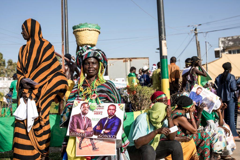 Supporters celebrate as opposition leader Ousmane Sonko and Presidential candidate for the Diomaye President coalition Bassirou Diomaye Faye attend campaign event in Cap Skirring, Senegal on 16 March 2024