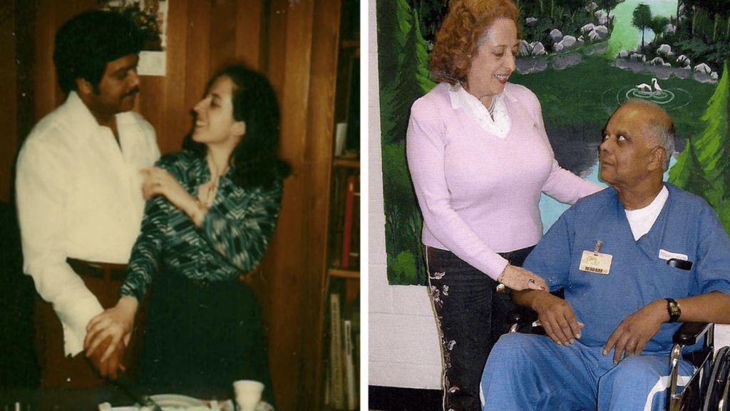 Two photographs of Kris and Marita Maharaj. One is taken before he was jailed. The other was taken while he was in prison. He is sitting in a wheelchair and wearing prison uniform. In both photos they are looking at each other and smiling.