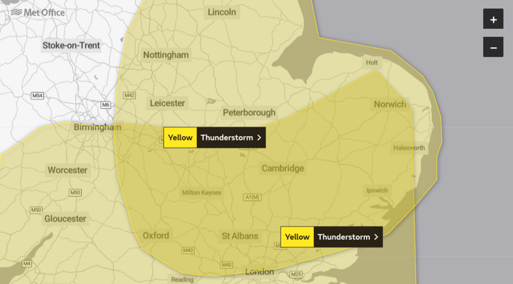 A weather map of thunderstorms