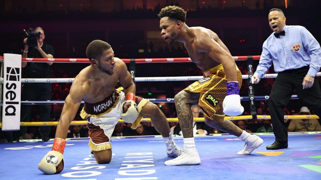 Devin Haney taunts Brian Norman Jr as he is dropped