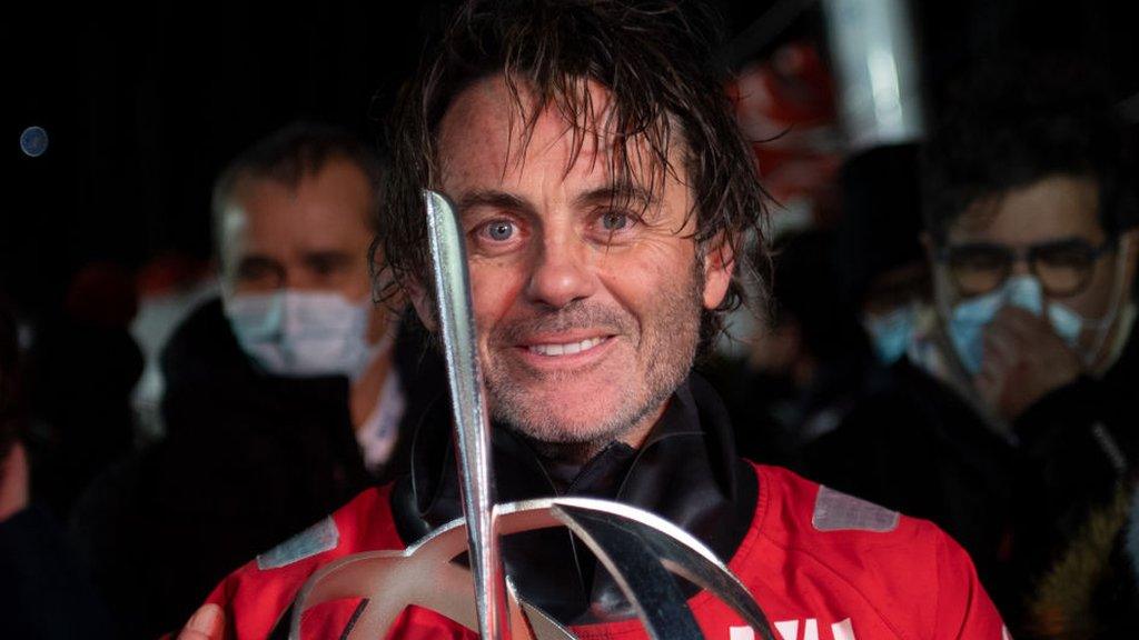 Yannick Bestaven celebrates winning the ninth Vendee Globe