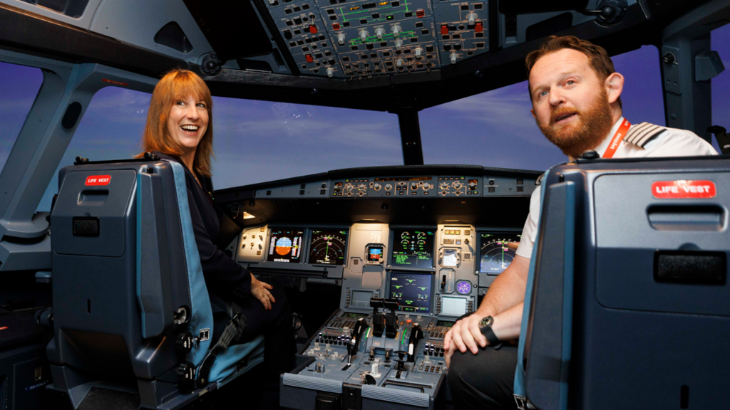 Chancellor of the Exchequer Rachel Reeves sits in a flight simulator during a visit to the Easyjet CAE Simulator Centre at London Gatwick Airport in Crawley, West Sussex. 