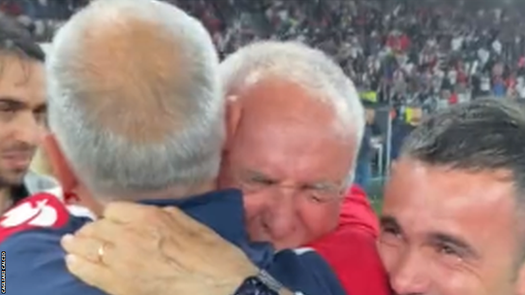 Emotional Claudio Ranieri hugs his coaches