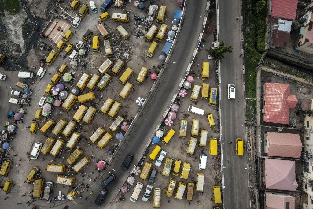 This aerial photograph shows the Obalende bus terminus in Lagos on September 24, 2024.