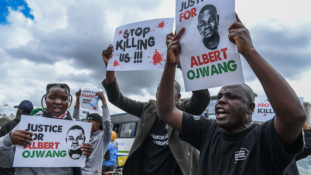 Protesters holding up posters which say "Justice for Albert Ojwang" and "stop killing us".