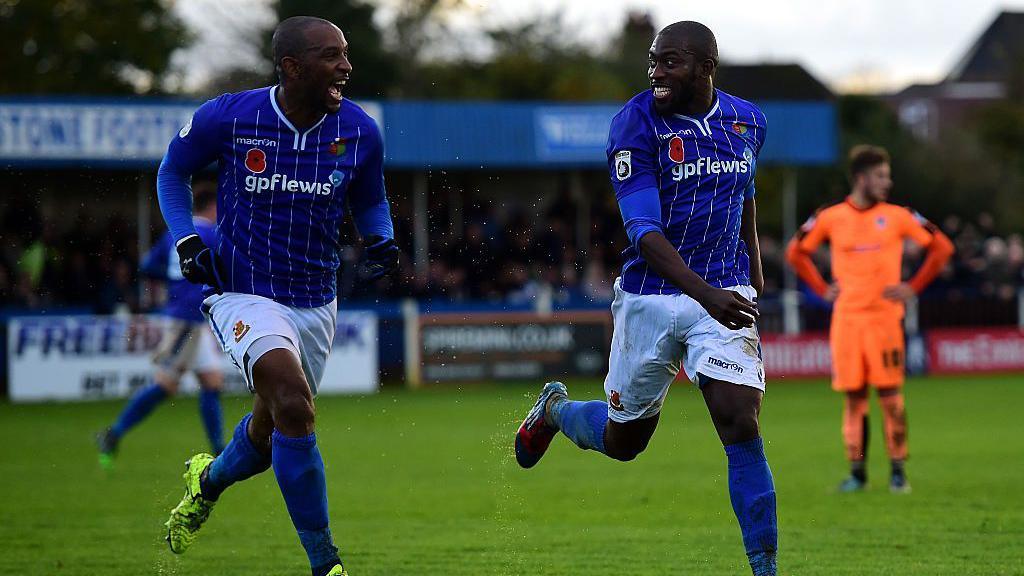 Jefferson Louis and Bradley Hudson-Odoi celebrate scoring for Wealdstone