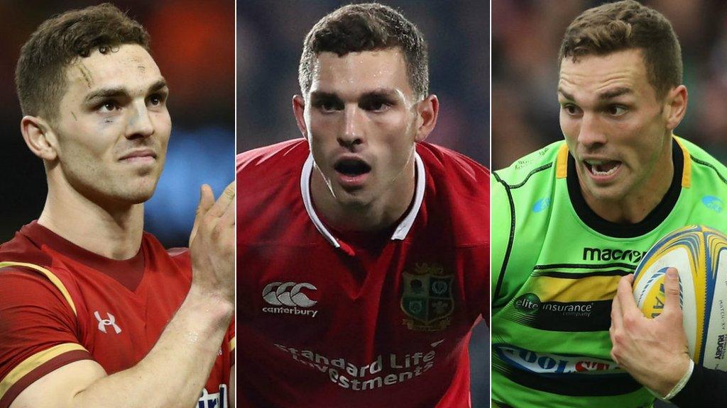 George North in Wales kit (l), Lions kit (c) and playing for Northampton