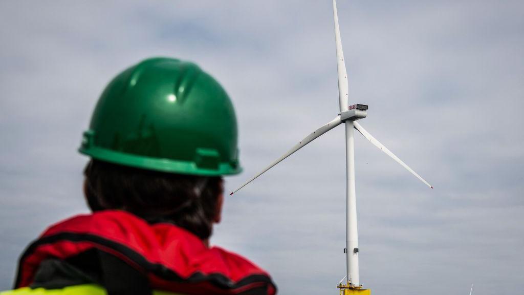 A wind turbine at the Seagreen Offshore Wind Farm off the coast of Montrose, Angus