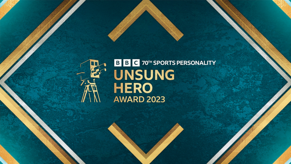 A teal and gold graphic depiciting the words BBC Sports Personality Unsung Hero Award 2023