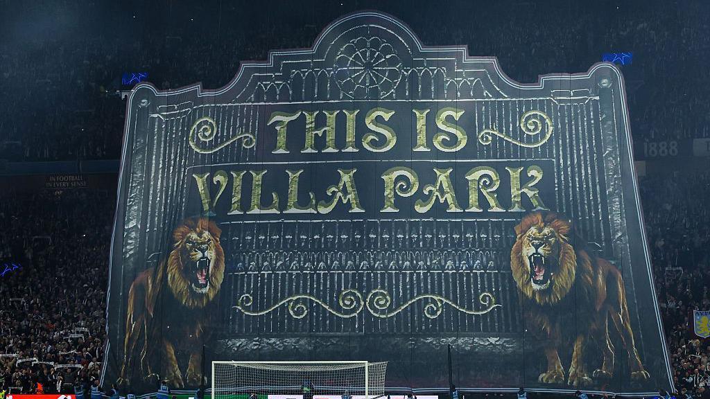 Fans of Aston Villa put on a giant tifo display during the Uefa Champions League quarter-final second leg match between Aston Villa and Paris St-Germain 