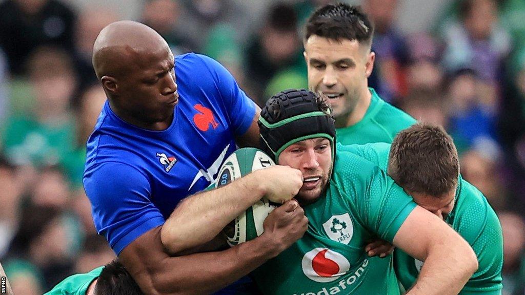 Caelan Doris battles with France's France’s Sekou Macalou at the Aviva Stadium