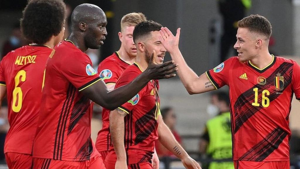 Portugal celebrate Thorgen Hazard's goal