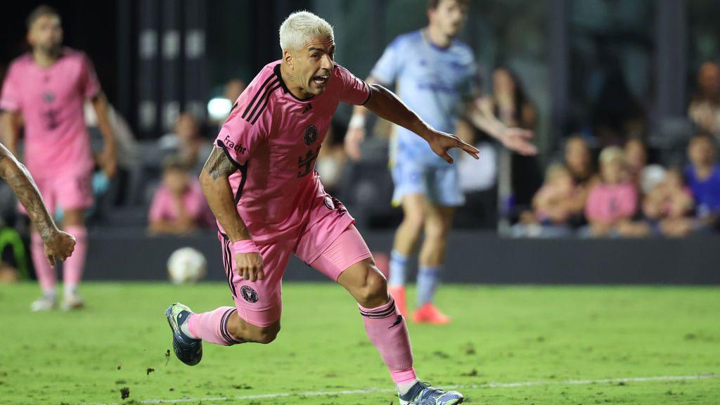 Luis Suarez celebrates scoring for Inter Miami.