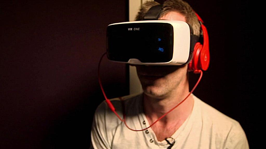 A person wearing a virtual reality headset