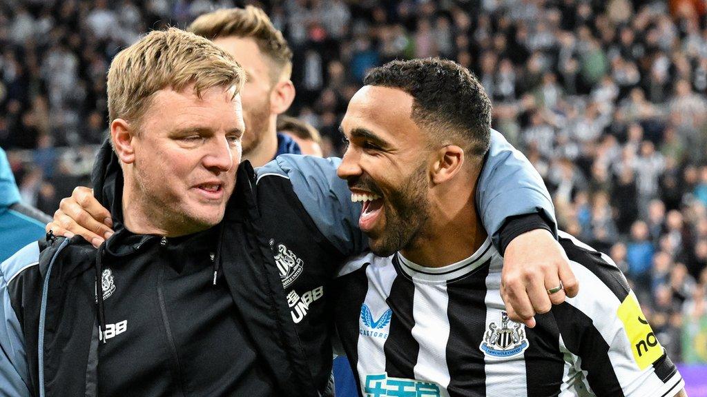 Newcastle manager Eddie Howe celebrates with forward Callum Wilson